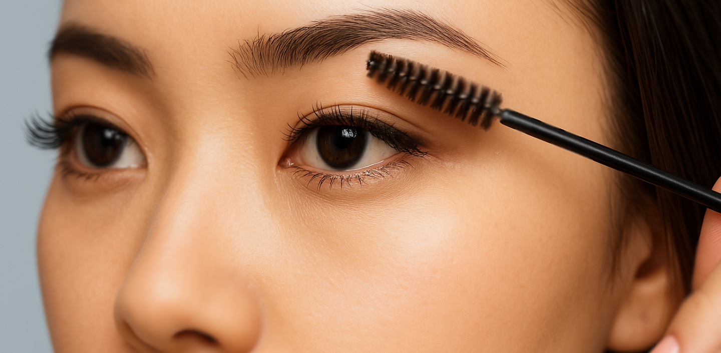 closeup of a female asian model's eyes whilst she is brushing the eye at the front with a spoolie brush