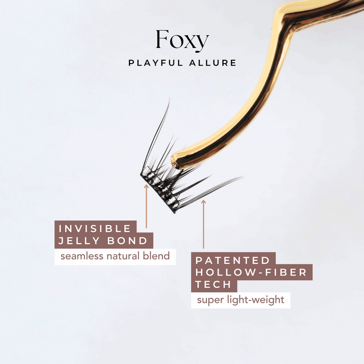 Close-up of HanaDolly's foxy press on lash style, showcasing it's patented hollow-fiber technology and an invisible clear jelly bond.