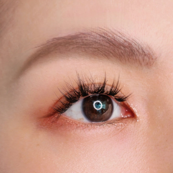 Close up picture of a beautiful female model's right eye wearing HanaDolly's MANGA lash style to show the DIY lashes when worn - Manga anime lashes