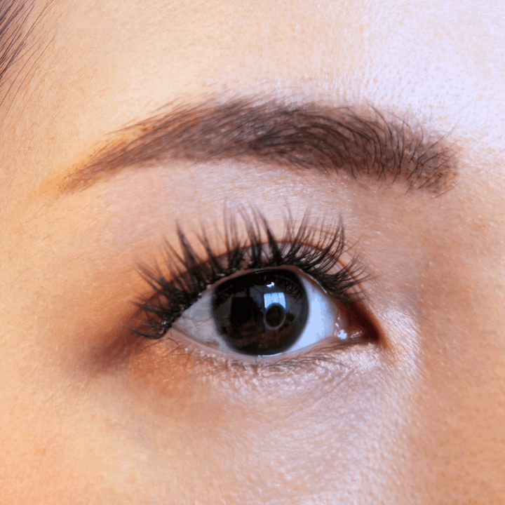 Close up picture of a beautiful female model's right eye wearing HanaDolly's NATURAL lash style to show the DIY lashes when worn