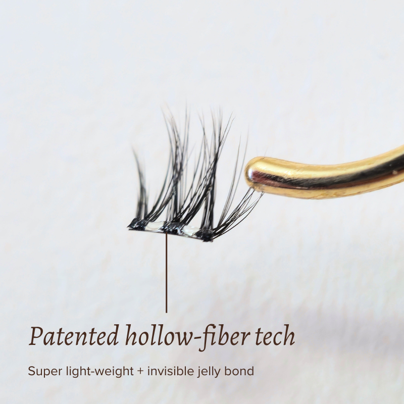 Features closeup of NIMBLE press-on lashes, self-adhesive lashes created with lightweight hollow-fiber technology