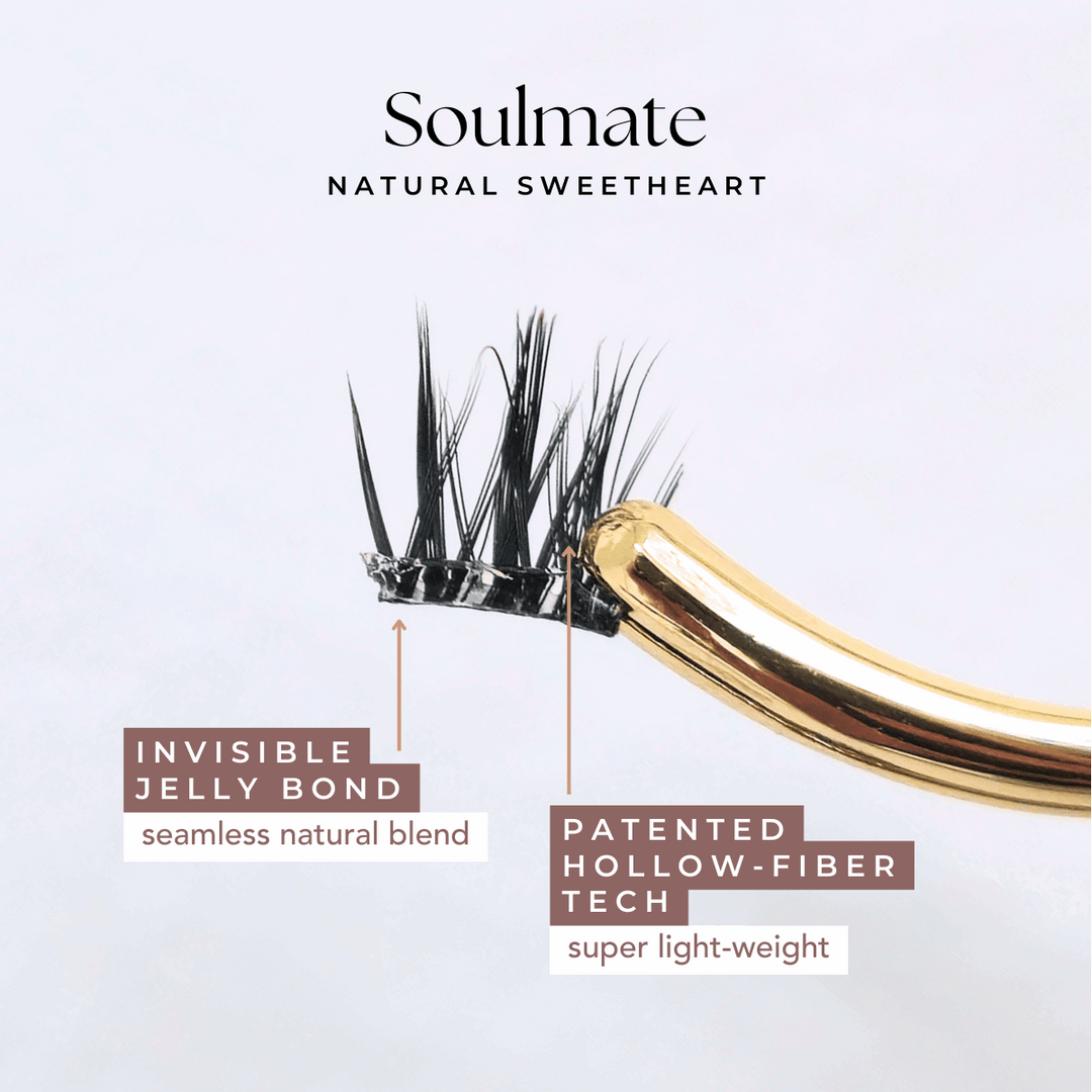 Close-up of HanaDolly's soulmate press on lash style, showcasing it's patented hollow-fiber technology and an invisible clear jelly bond.