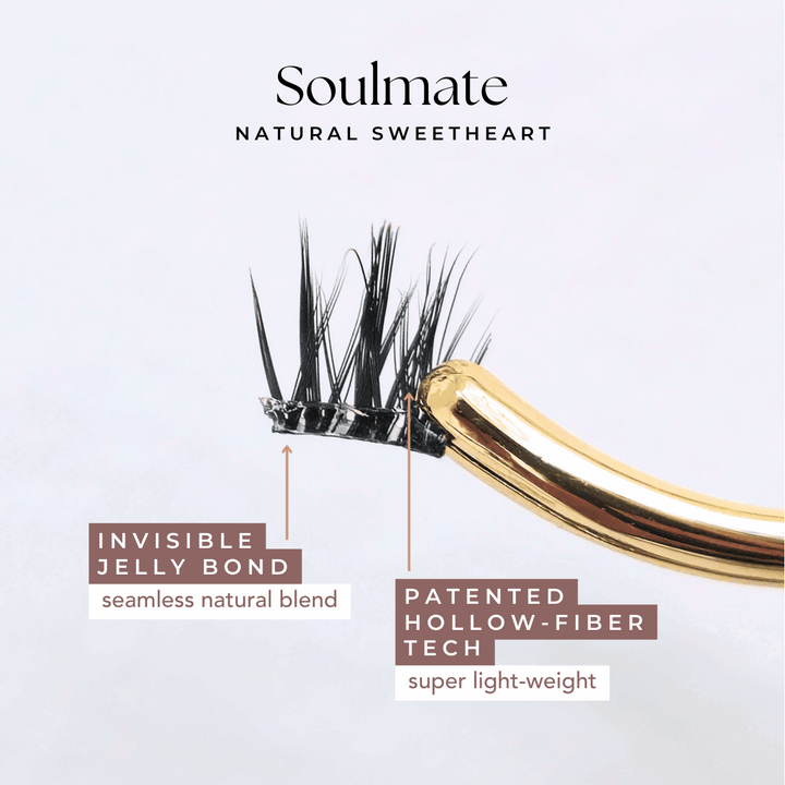 Close-up of HanaDolly's soulmate press on lash style, showcasing it's patented hollow-fiber technology and an invisible clear jelly bond.