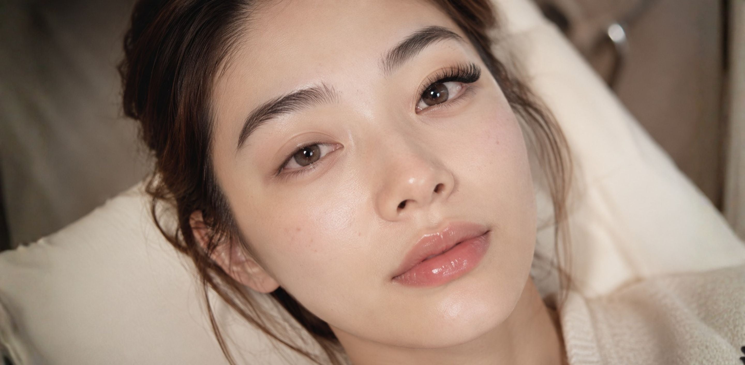 Asian woman showing one eye with eyelash extensions and one eye with shorter natural lashes for a Singapore blog comparing salon eyelash extension cost with DIY press-on lashes.