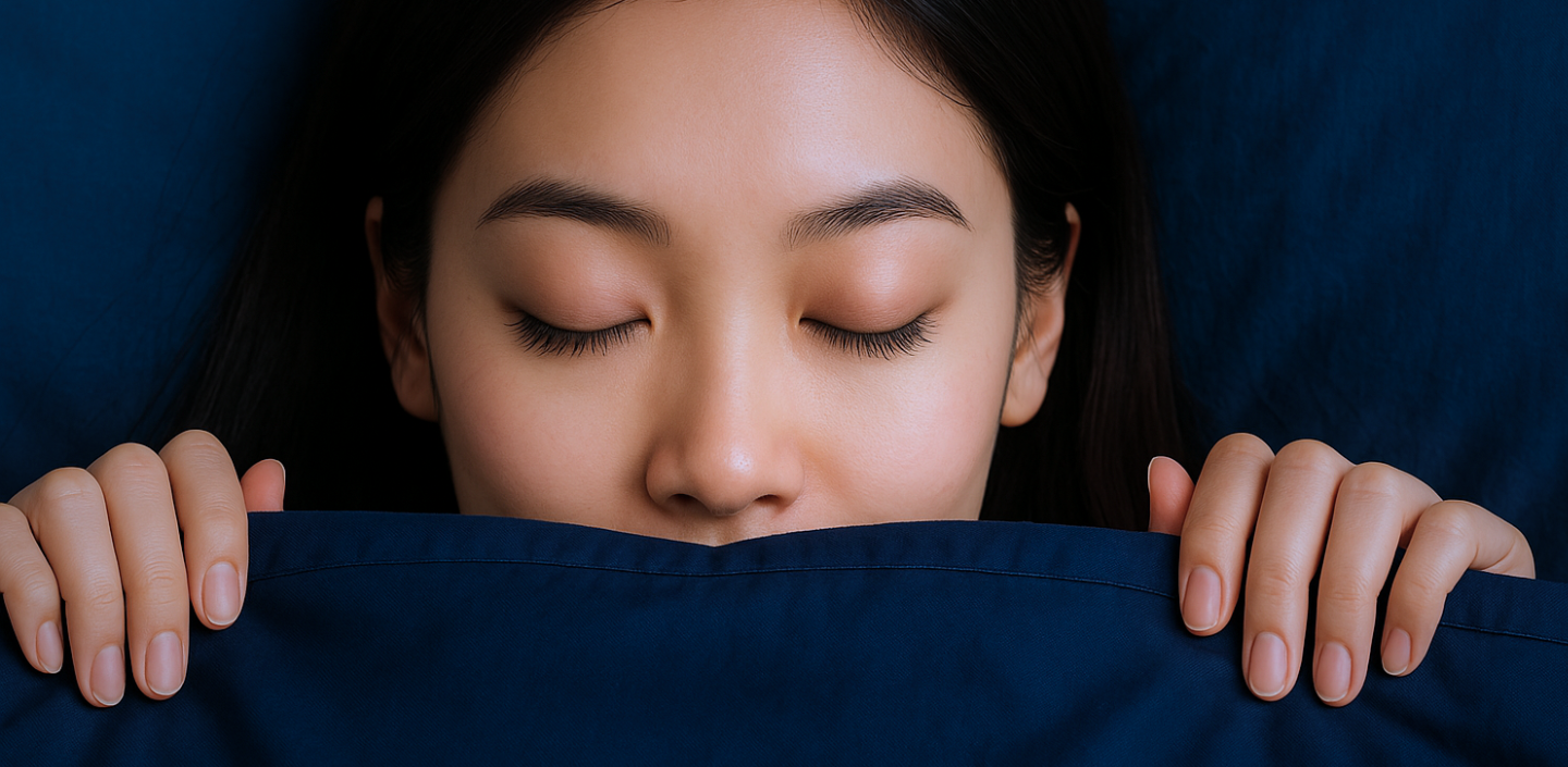 Asian woman sleeping peacefully behind a navy blanket with closed eyes, showing how to sleep safely with DIY eyelash extensions.