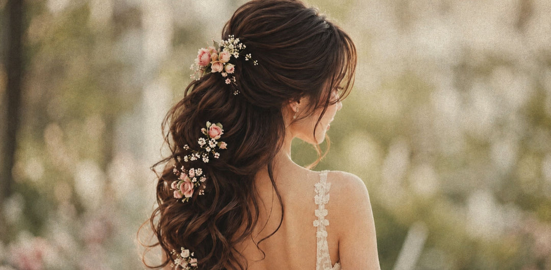 Beautiful Asian bride with romantic brunette waves, soft floral hairpieces, and a white bridal gown in an outdoor garden setting, representing natural bridal makeup looks for Singapore brides.