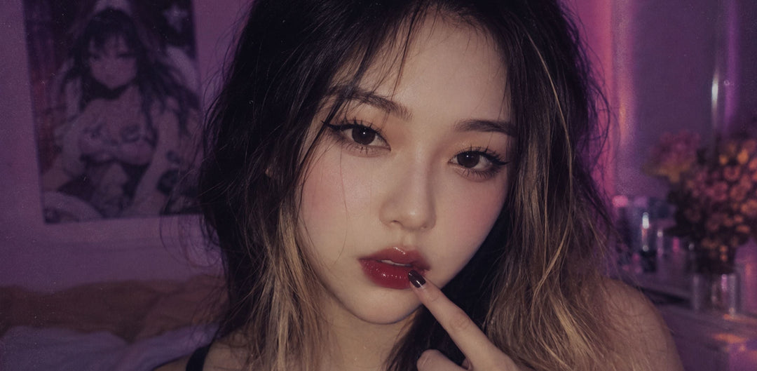 Young Asian woman with long separated manga lashes, glossy red lips, and soft vintage purple bedroom lighting in a close-up beauty portrait.