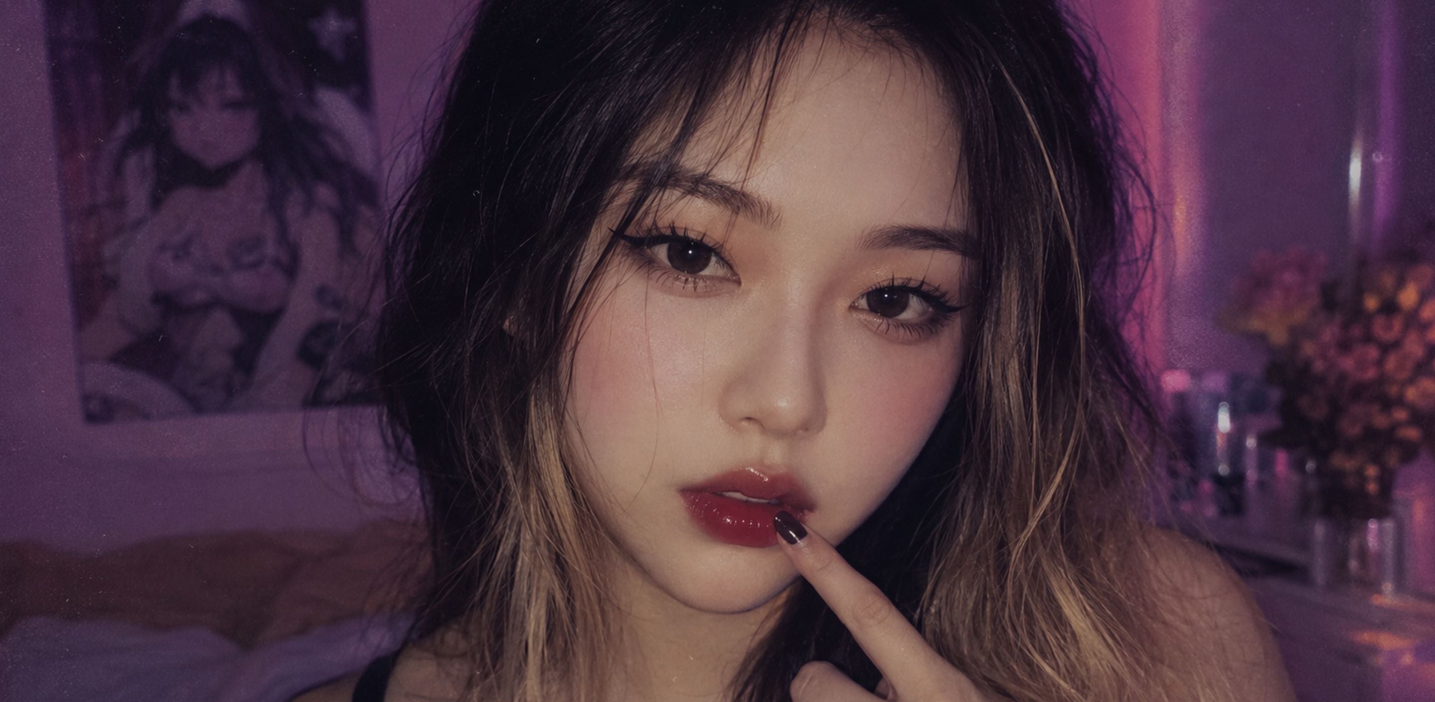 Young Asian woman with long separated manga lashes, glossy red lips, and soft vintage purple bedroom lighting in a close-up beauty portrait.