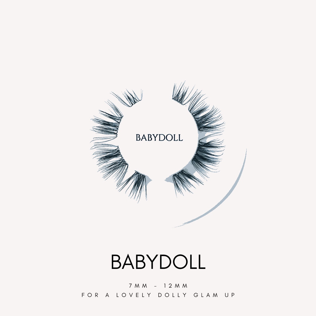 Close up view of HanaDolly's BABYDOLL lash style on their iconic white, circular lash tray
