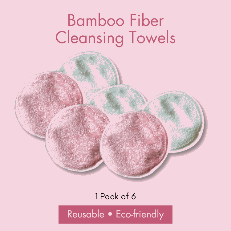 closeup of 6 circular bamboo fiber cleansing towels line up, 3 pink and 3 white