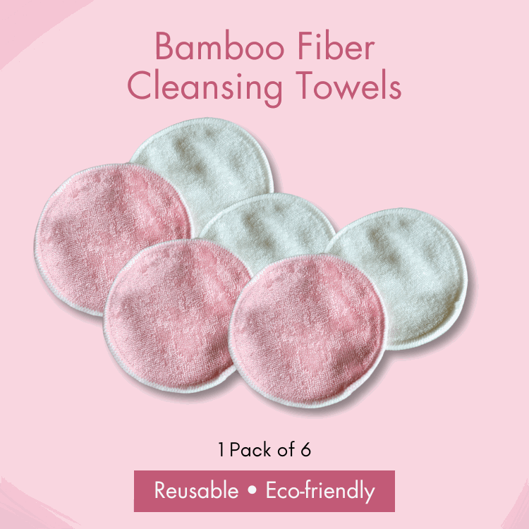 closeup of 6 circular bamboo fiber cleansing towels line up, 3 pink and 3 white