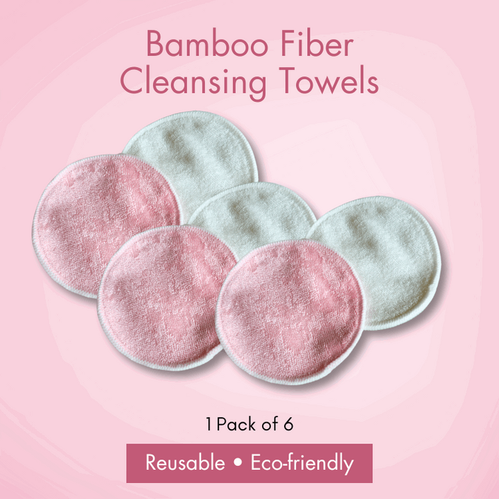 closeup of 6 circular bamboo fiber cleansing towels line up, 3 pink and 3 white