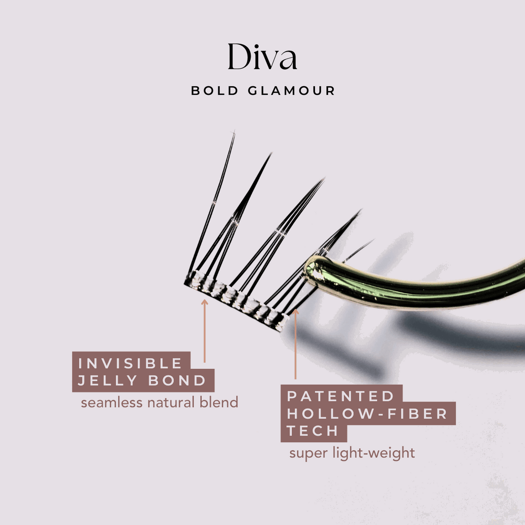 Close-up of HanaDolly's DIVA press on lash style, showcasing it's patented hollow-fiber technology and an invisible clear jelly bond.