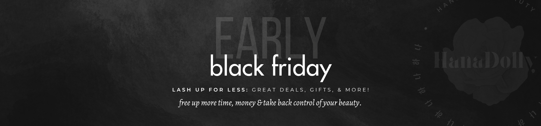 Early Black Friday 2025 advertisement for HanaDolly DIY eyelash extensions with text on a dark background