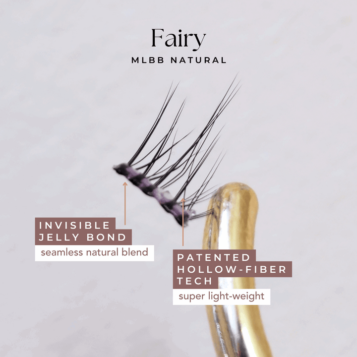 Close-up of HanaDolly's fairy press on lash style, showcasing it's patented hollow-fiber technology and an invisible clear jelly bond.