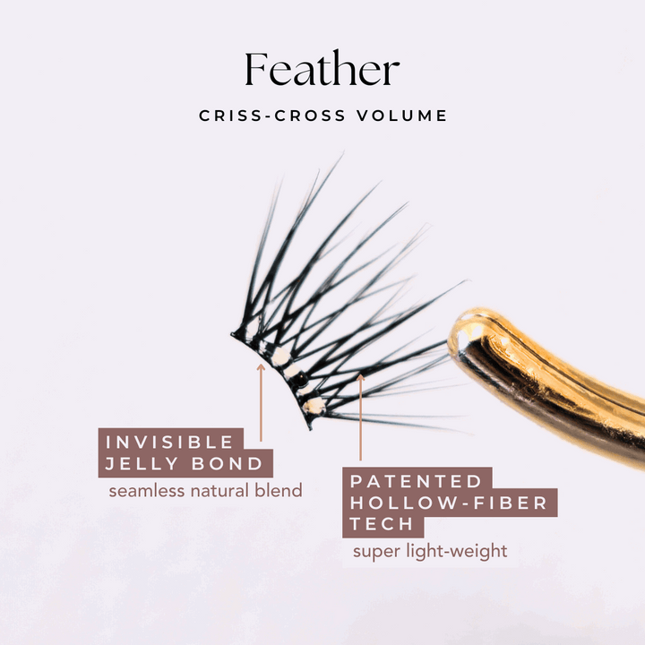 Close-up of HanaDolly's feather press on lash style, showcasing it's patented hollow-fiber technology and an invisible clear jelly bond.