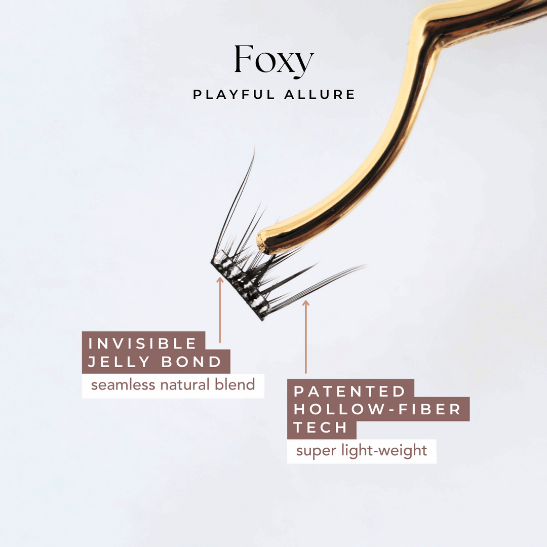 Close-up of HanaDolly's foxy press on lash style, showcasing it's patented hollow-fiber technology and an invisible clear jelly bond.