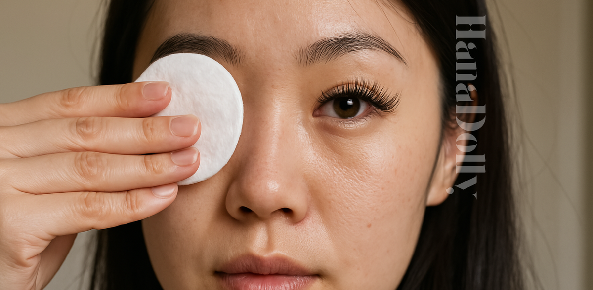 Woman gently removing DIY eyelash extensions at home using a cotton pad for safe lash removal