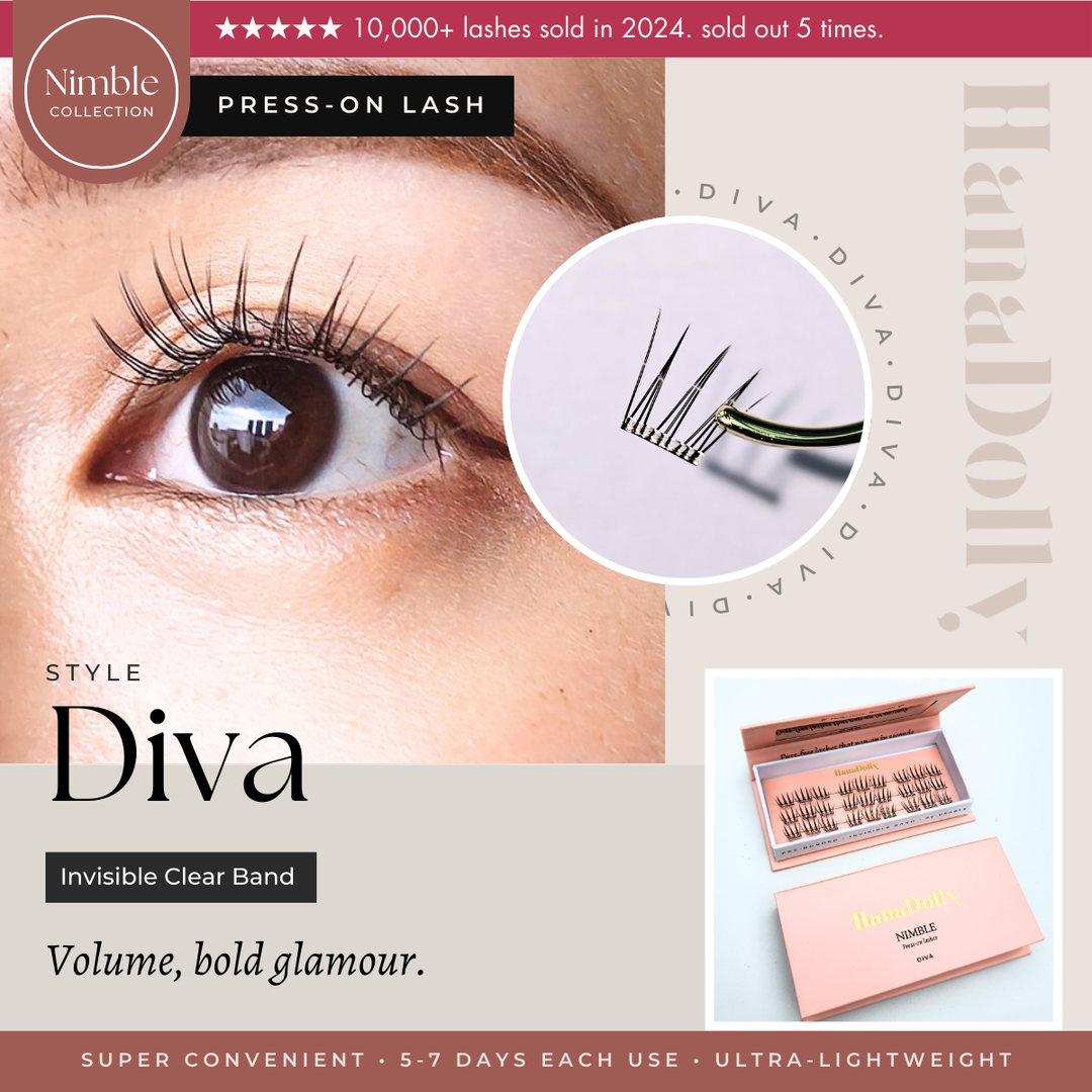 Main promotional image of DIVAself-adhesive lash style from HanaDolly press-on lash NIMBLE collection. Featuring close up of lashes and model's eye