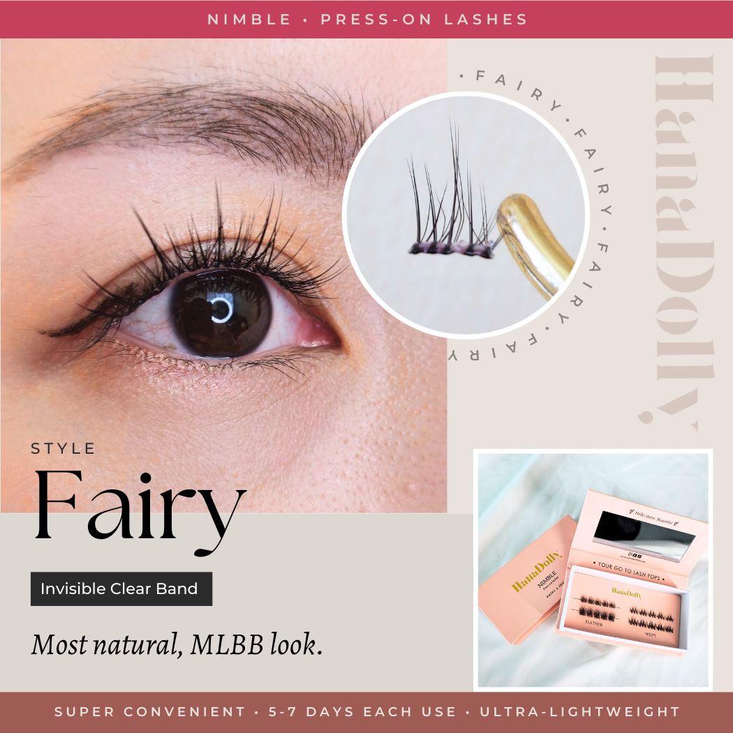 Main marketing product image visual of the Fairy lash style from HanaDolly's nimble press-on lash collection. Showcasing eye close up and lash closeup held with tweezer. Also includes an image of the box packaging design.