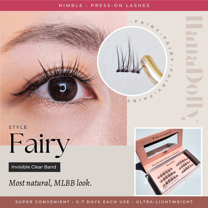 Main marketing product image visual of the Fairy lash style from HanaDolly's nimble press-on lash collection. Showcasing eye close up and lash closeup held with tweezer. Also includes an image of the box packaging design.