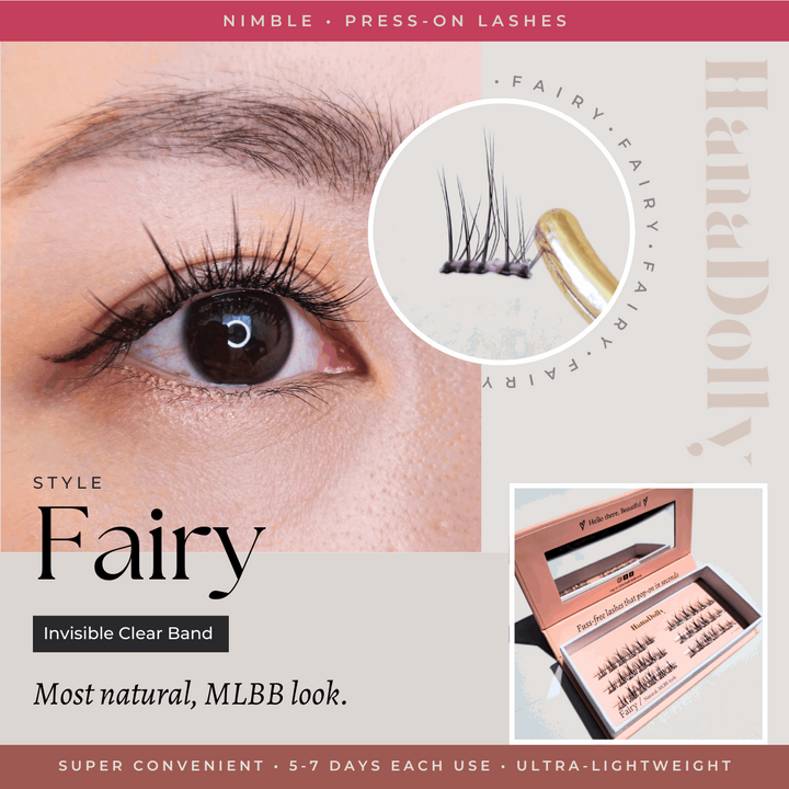 Main marketing product image visual of the Fairy lash style from HanaDolly's nimble press-on lash collection. Showcasing eye close up and lash closeup held with tweezer. Also includes an image of the box packaging design.