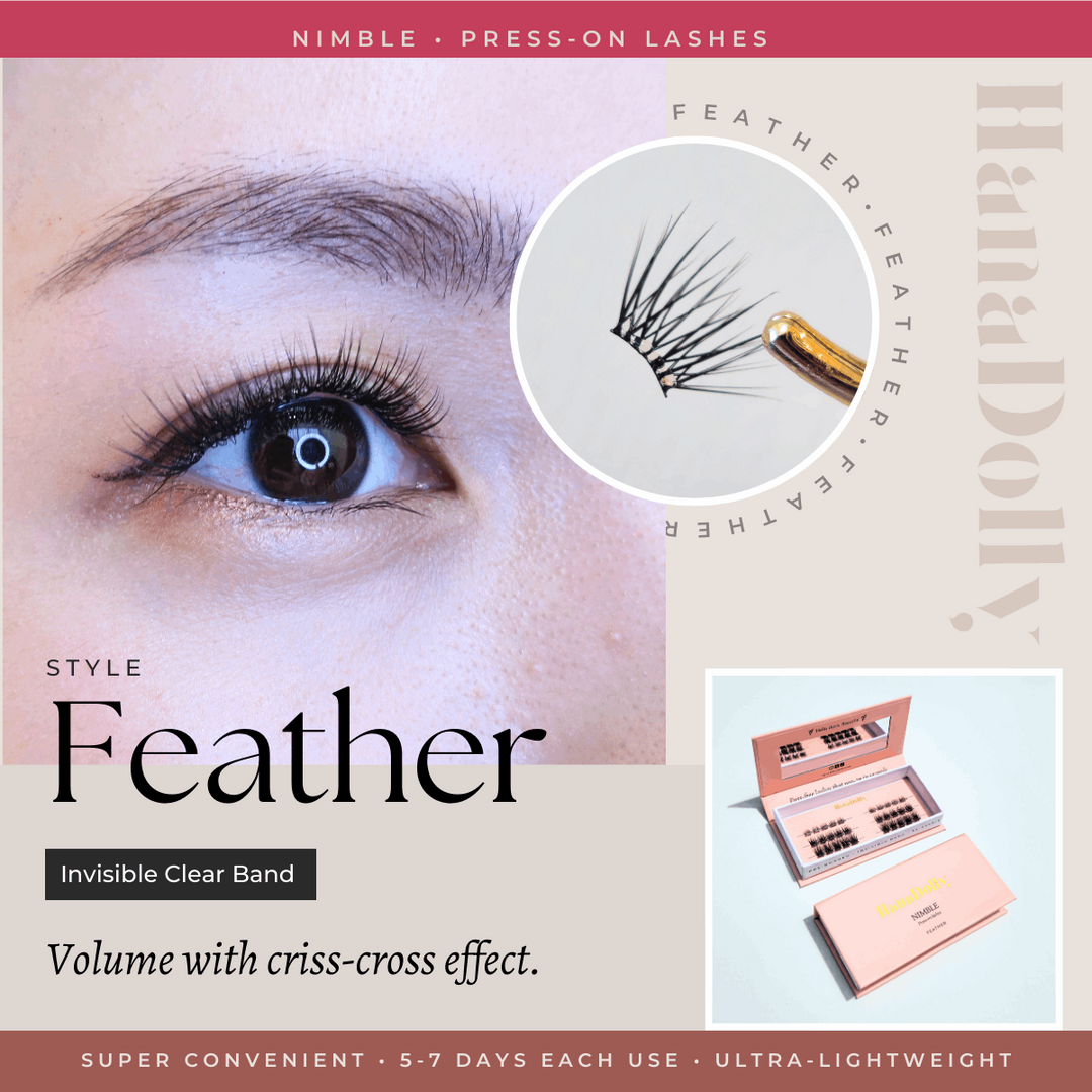 Main marketing product image visual of the Feather lash style from HanaDolly's nimble press-on lash collection. Showcasing eye close up and lash closeup held with tweezer. Also includes an image of the box packaging design.