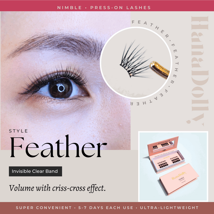 Main marketing product image visual of the Feather lash style from HanaDolly's nimble press-on lash collection. Showcasing eye close up and lash closeup held with tweezer. Also includes an image of the box packaging design.