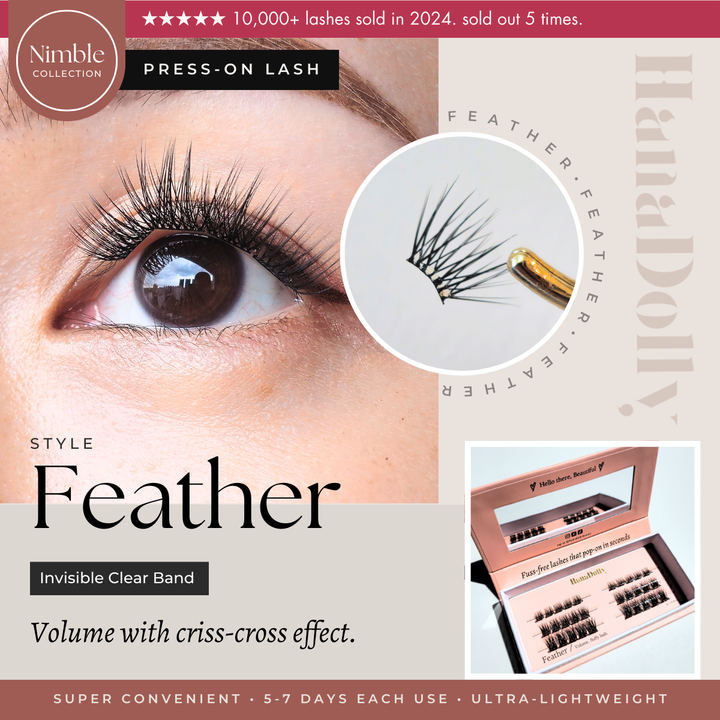 Main promotional image of FEATHER self-adhesive lash style from HanaDolly press-on lash NIMBLE collection. Featuring close up of lashes and model's eye