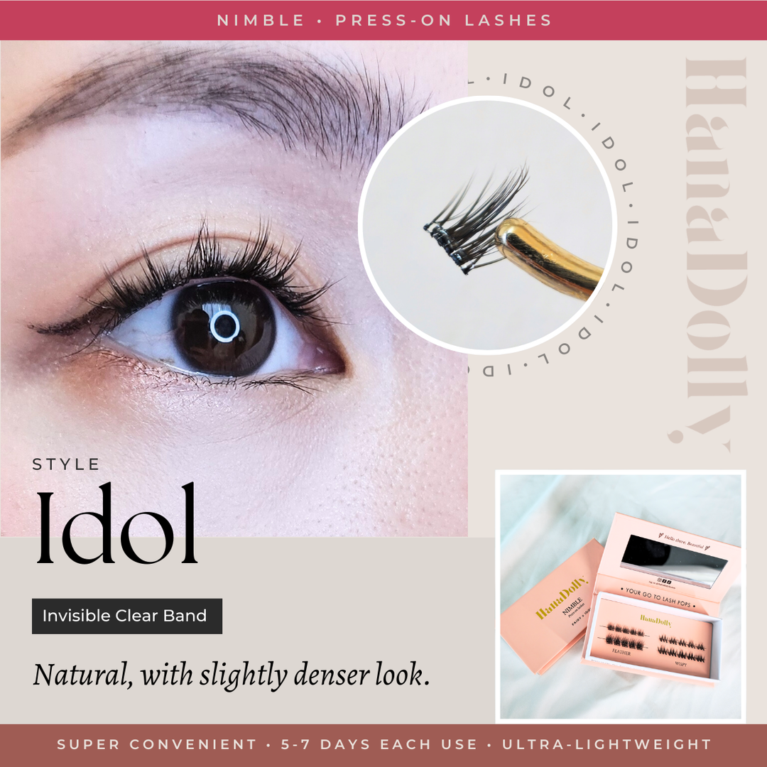 Main marketing product image visual of the Idol lash style from HanaDolly's nimble press-on lash collection. Showcasing eye close up and lash closeup held with tweezer. Also includes an image of the box packaging design.