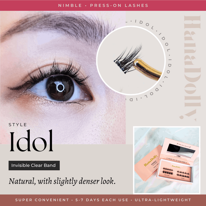 Main marketing product image visual of the Idol lash style from HanaDolly's nimble press-on lash collection. Showcasing eye close up and lash closeup held with tweezer. Also includes an image of the box packaging design.