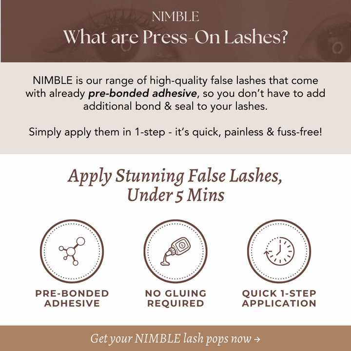 Nimble press-on lashes explainer with pre-bonded adhesive for quick, one-step application without gluing.