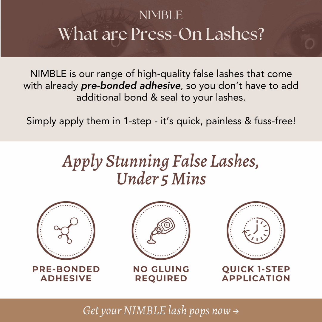 Infographic explaining how to use press-on lashes with pre-bonded adhesive for quick, one-step lash application without glue.