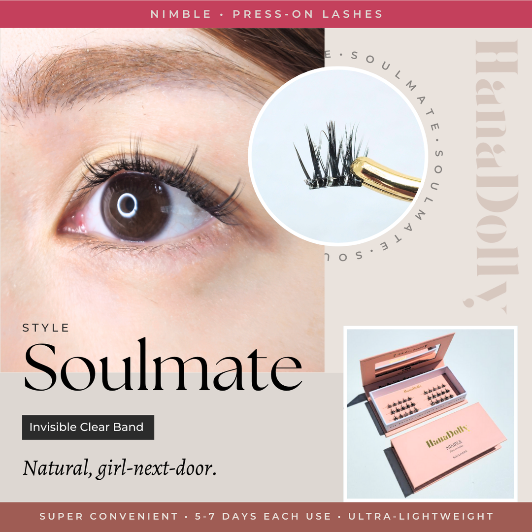 Main marketing product image visual of the Soulmate lash style from HanaDolly's nimble press-on lash collection. Showcasing eye close up and lash closeup held with tweezer. Also includes an image of the box packaging design.