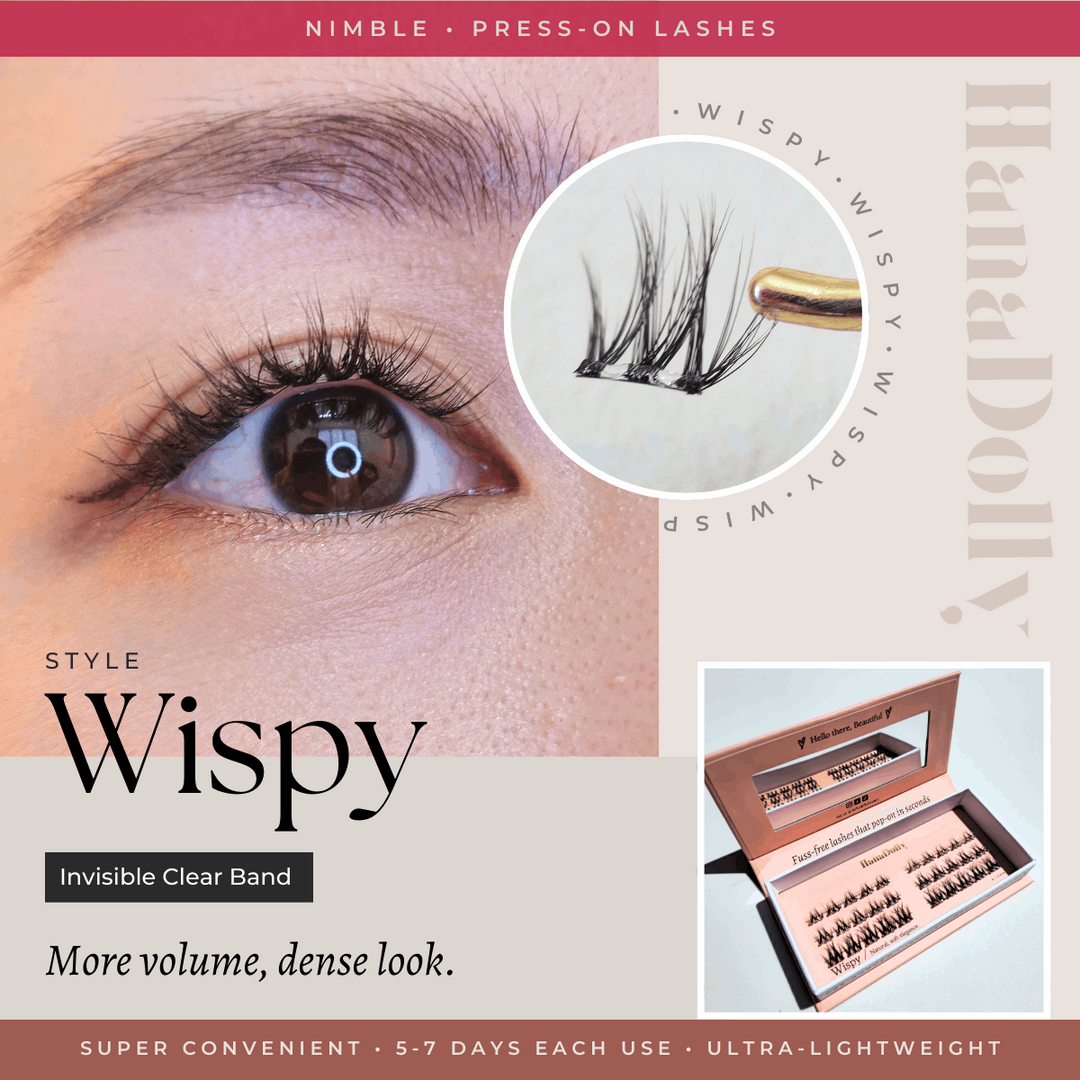 Main marketing product image visual of the Wispy lash style from HanaDolly's nimble press-on lash collection. Showcasing eye close up and lash closeup held with tweezer. Also includes an image of the box packaging design.