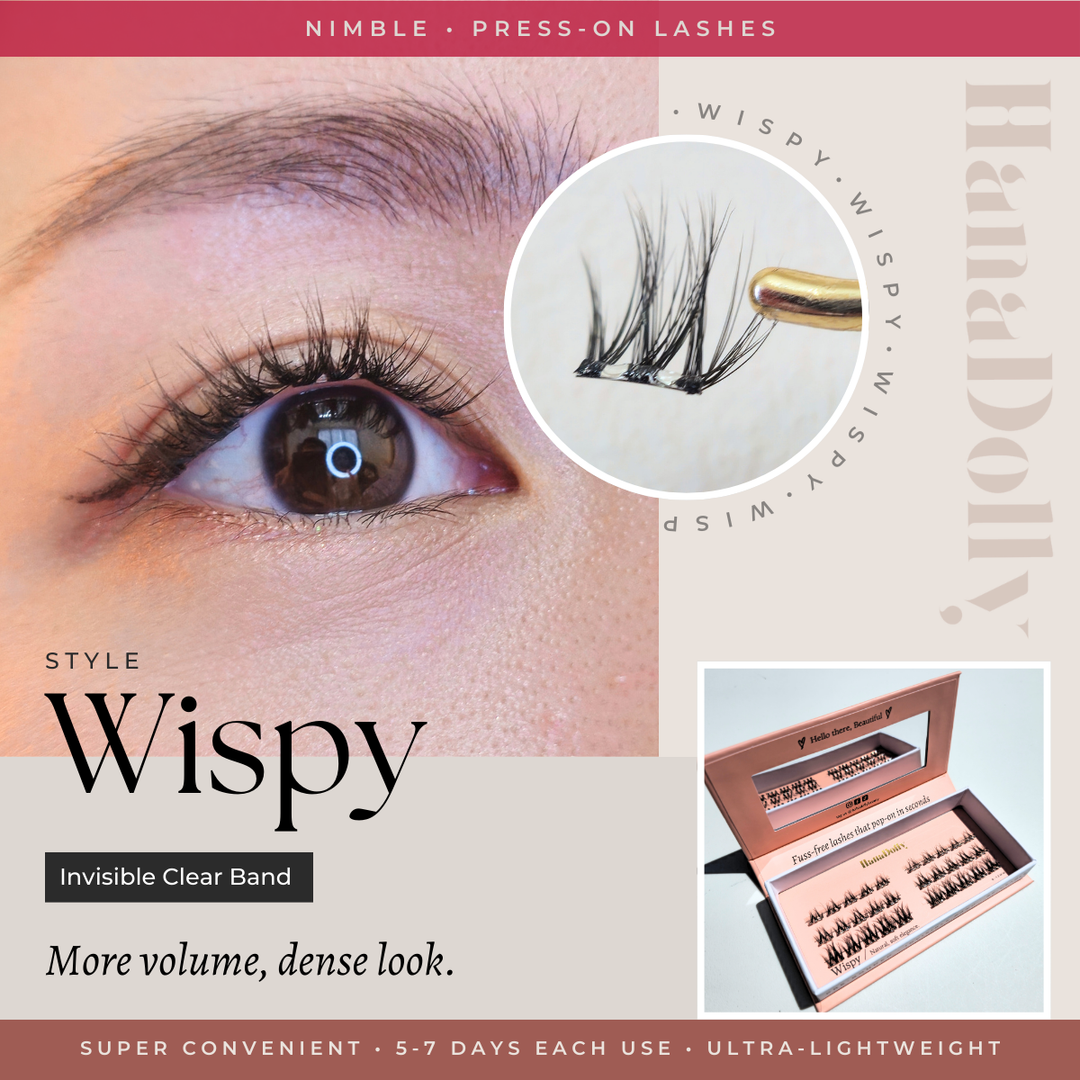 Main marketing product image visual of the Wispy lash style from HanaDolly's nimble press-on lash collection. Showcasing eye close up and lash closeup held with tweezer. Also includes an image of the box packaging design.