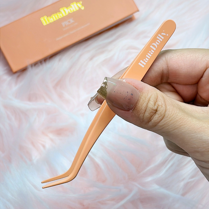 HanaDolly PICK Precision Eyelash Applicator Tweezer in peach color with angled tip for accurate lash placement