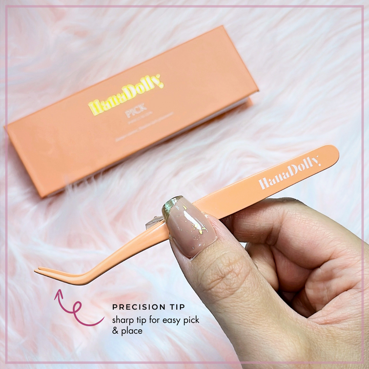 HanaDolly PICK Precision Eyelash Applicator Tweezer with sharp precision tip for easy lash pick and placement, shown with branded box