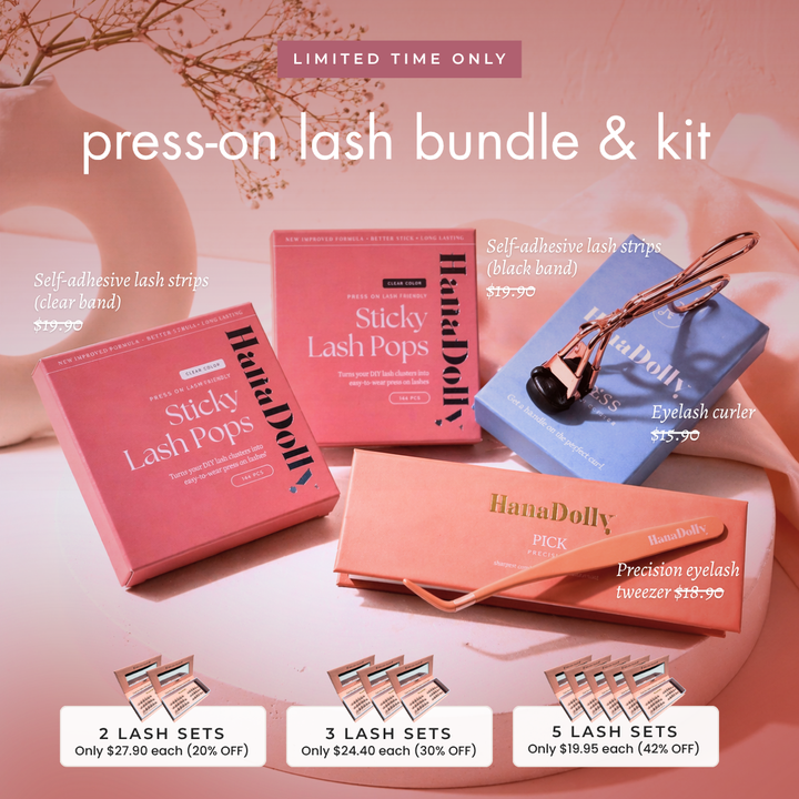 HanaDolly press-on lash bundle and kit promo: self-adhesive Sticky Lash Pops, eyelash curler and precision tweezer with 2, 3 and 5 lash-set discount tiers.