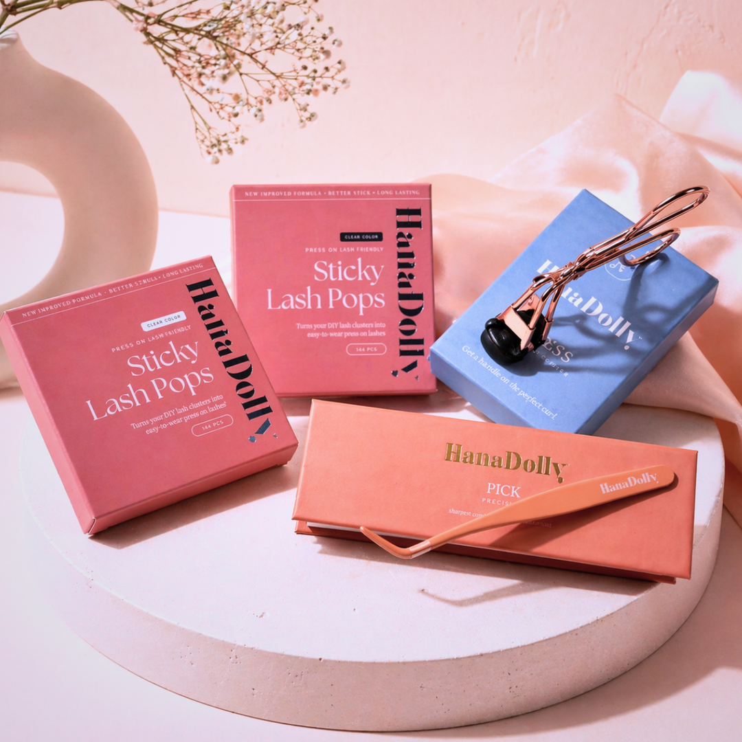 HanaDolly Press-On Lash Essentials Kit with reusable NIMBLE lashes and application tools.
