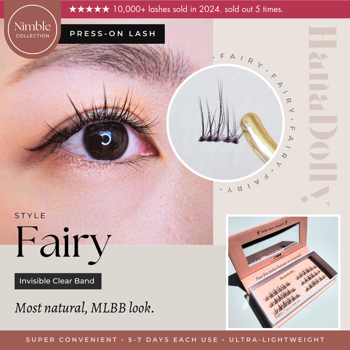 Main promotional image of FAIRY self-adhesive lash style from HanaDolly press-on lash NIMBLE collection. Featuring close up of lashes and model's eye