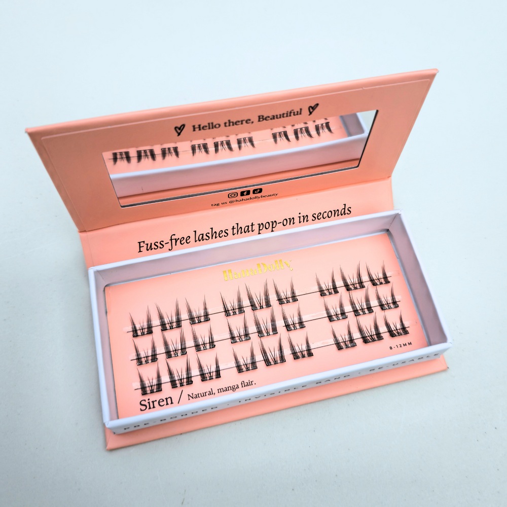 HanaDolly's SIREN press-on lash style from NIMBLE self-adhesive lash collection, showcasing an open box to reveal the lash designs for the viewer