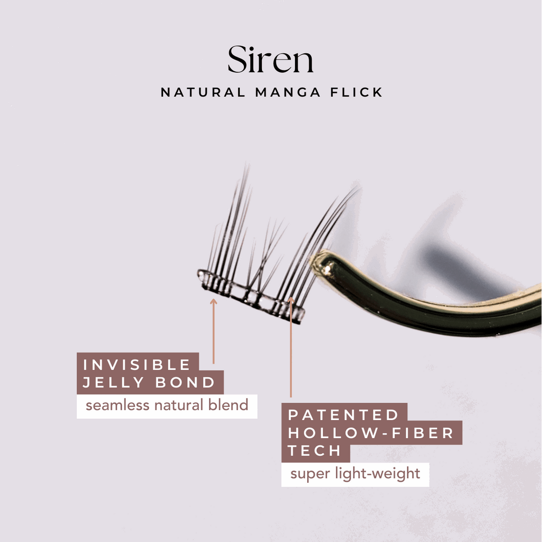 Close-up of HanaDolly's SIREN press on lash style, showcasing it's patented hollow-fiber technology and an invisible clear jelly bond.