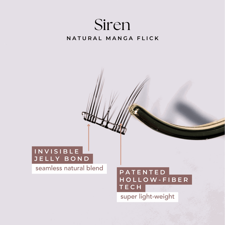 Close-up of HanaDolly's SIREN press on lash style, showcasing it's patented hollow-fiber technology and an invisible clear jelly bond.