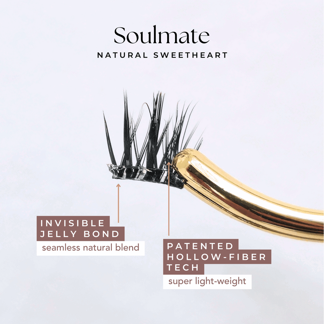 Close-up of HanaDolly's soulmate press on lash style, showcasing it's patented hollow-fiber technology and an invisible clear jelly bond.