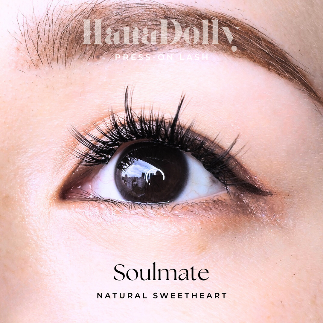 Close up of beautiful model's eye wearing HanaDolly Soulmate press on lashes to showcase the self adhesive lashes in action