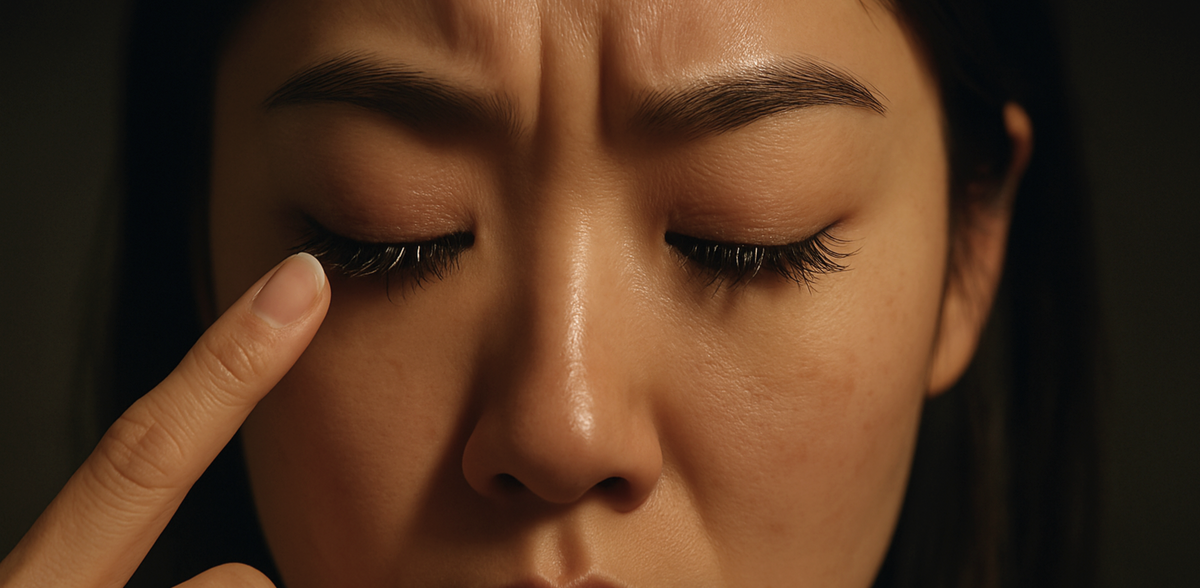 Woman checking false lashes with white residue from lash glue and learning how to prevent buildup