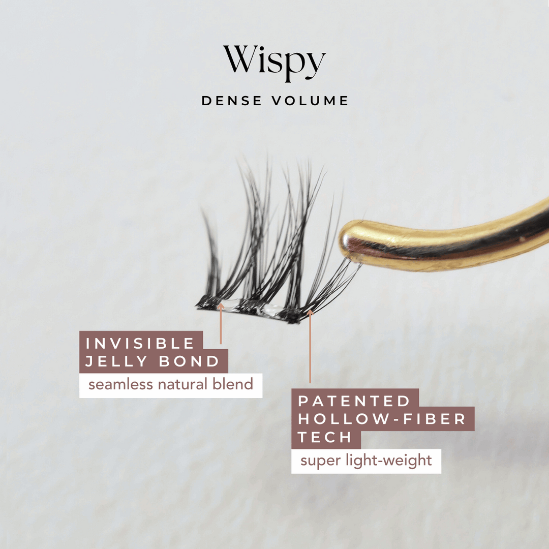 Close-up of HanaDolly's wispy press on lash style, showcasing it's patented hollow-fiber technology and an invisible clear jelly bond.