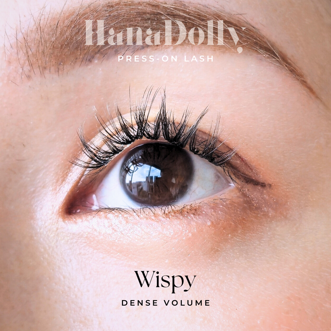 Close up of beautiful model's eye wearing HanaDolly Wispy press on lashes to showcase the self adhesive lashes in action