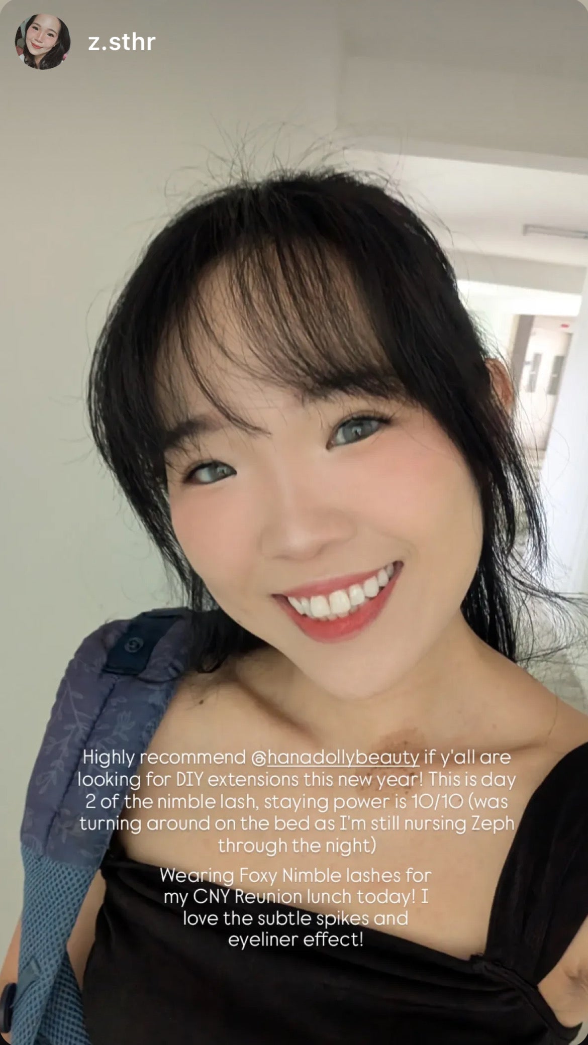 Happy customer wearing HanaDolly stick on lashes in testimonial photo